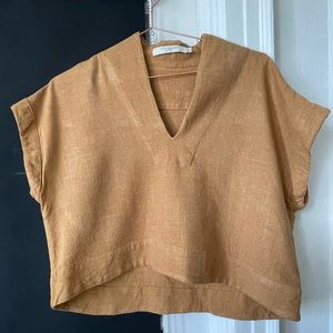 7115 Szeki Crop V-neck Cotton Linen Top